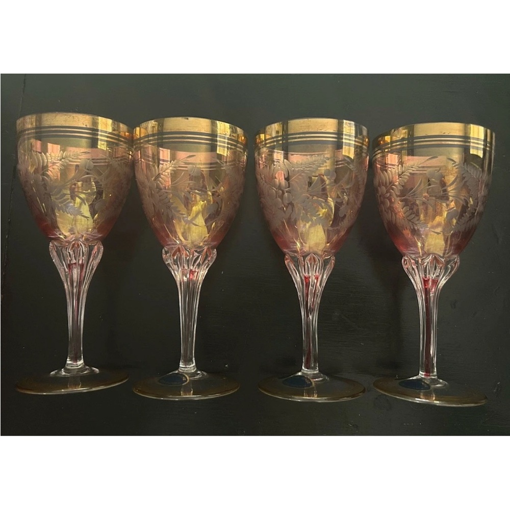 Mirea Crystal Wine Glasses Hand‎ Made Czech Republic Purple Etched Gold Trim